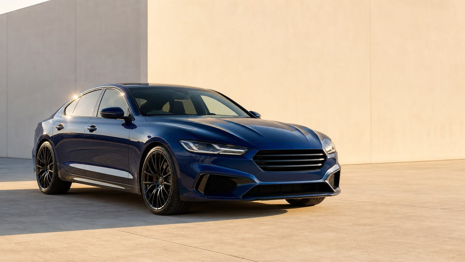 Deep blue gloss vinyl wrapped sedan in late afternoon sun, film still reflecting sharply on the roof and hood
