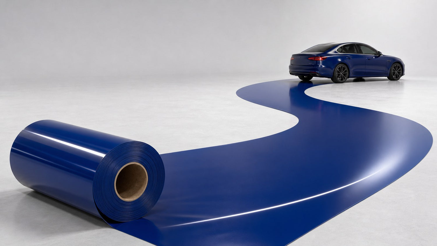 A roll of blue gloss car wrap vinyl unrolled into a long ribbon leading to a sedan, showing how much film one car takes