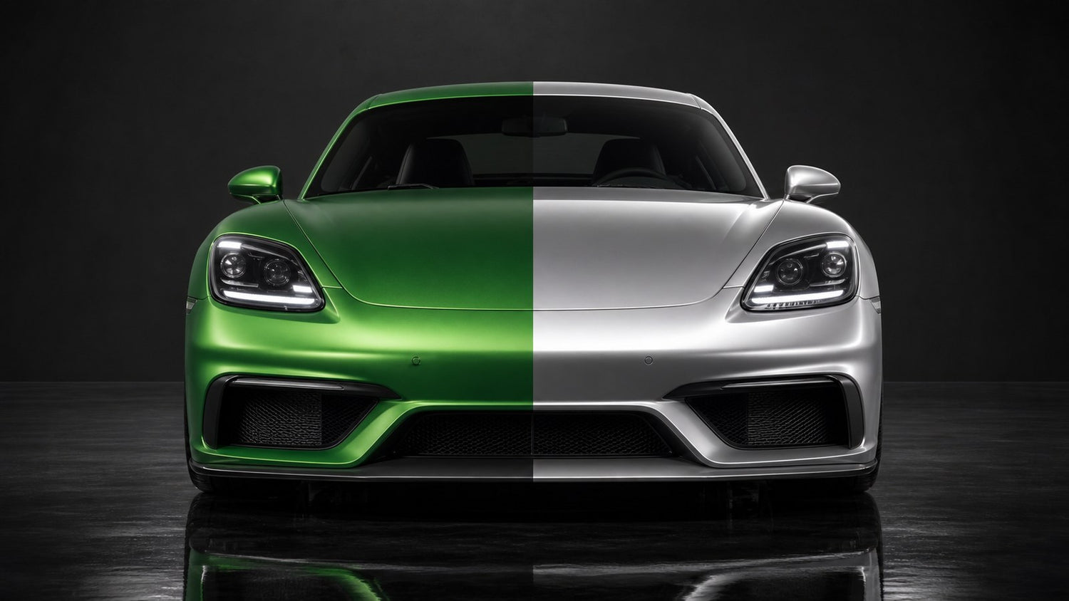One car split down the middle, half wrapped in green color change film and half in factory silver under clear paint protection film